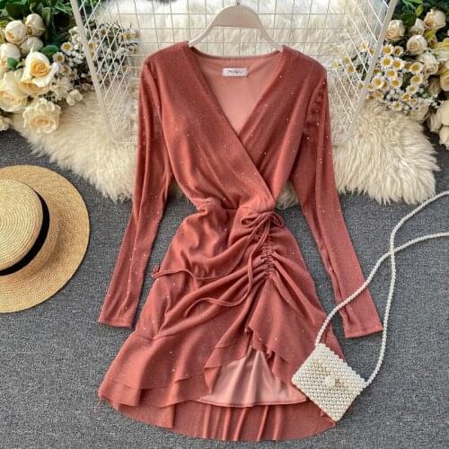 2021 Spring New Womens Dresses Casual Asymmetrical Ruffle Mini Dress Party Dress Long Sleeve V-neck Elegant Dresses