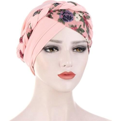 New Braid Turban Hat Flower Printed Cotton Headscarf Bonnet Forehead Cross Twist Muslim Hijabs Women Summer Hair Accessories