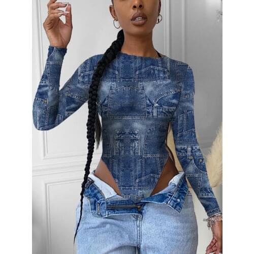 Fake Jeans Print O-neck Long Sleeve Bodycon Bodysuit for Women Sexy Streetwear Summer one piece overall Tops