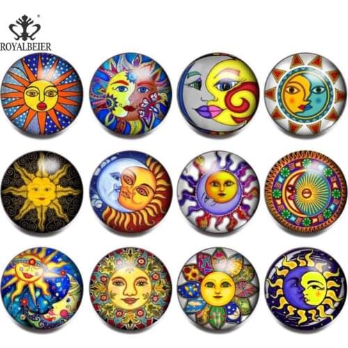 Royalbeier 12pcs Snap Buttons For DIY Jewelry Mayan Sun Moon Totem Human Face Pattern Cabochon Glass Charms 18mm Snap Button