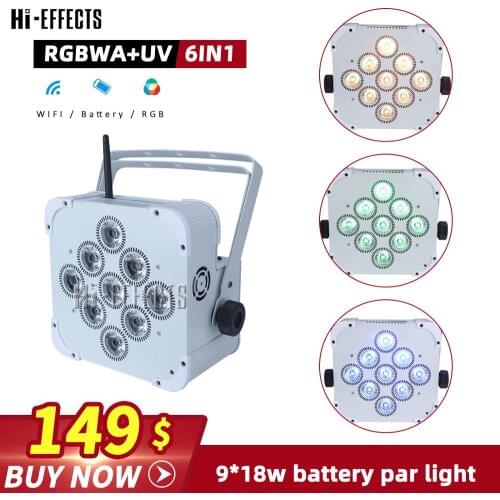 Battery Powered 9*18W RGBWA+UV 6in1 High Brightness LED Battery Par Light Wifi Remote Control for DJ Nightclub Party Decoration