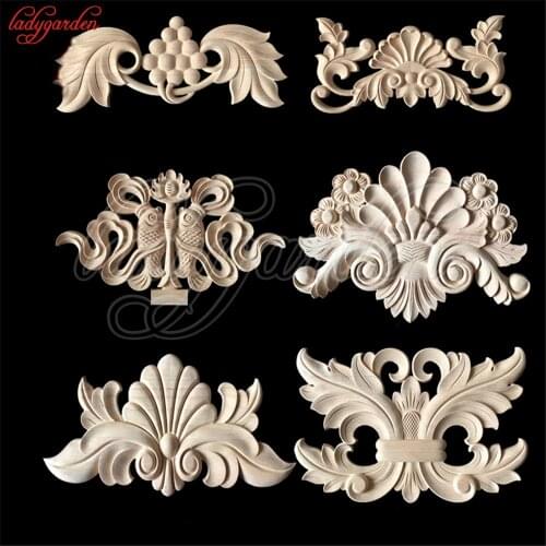 Flower Wood Carving Natural Decorative Wood Appliques for Furniture Cabinet Unpainted Wooden Mouldings Decal Decorative Figurine