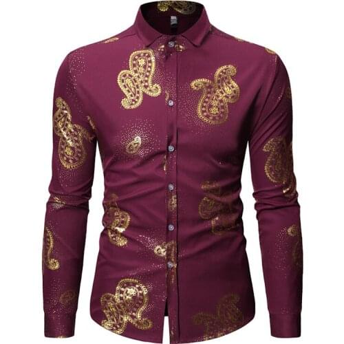 Shiny Gold Paisley Floral Print Long Sleeve Shirt Men 2020 Brand Slim Fit Dress Shirt Mens Party Business Casual Shirts Male XL