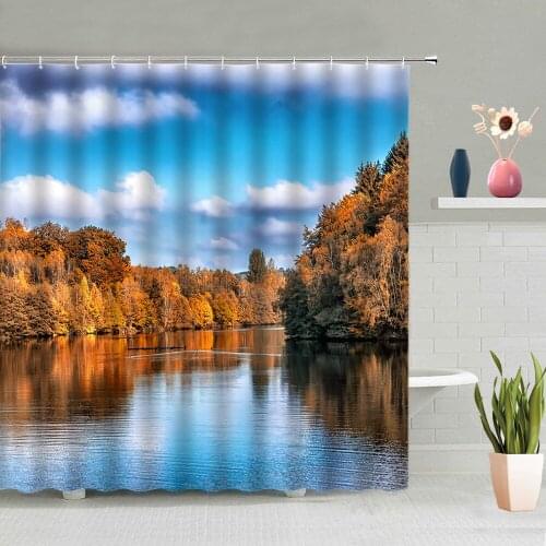 Natural Scenery Shower Curtains Forest Mountain Field Lake Bathroom Bath Curtain Washable With Hooks Set Home Hanging Screen