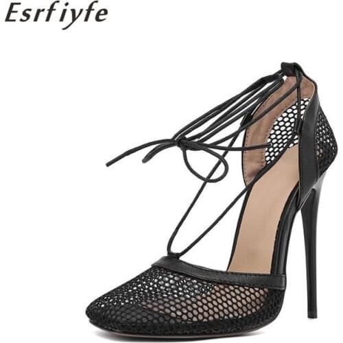 ESRFIYFE 2021 New Summer Women Pumps High Heels Pointed Toe Women Shoes Lace Up Ladies Party Shoes Hollow Out Big Size 35-48
