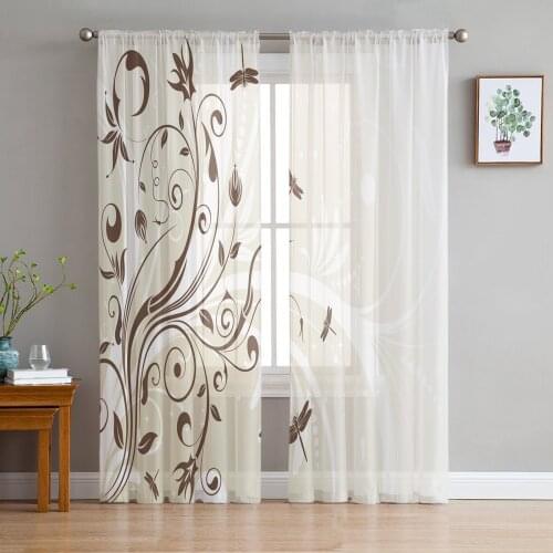 Dragonfly Silhouette Branches Flowers Tulle Curtains For Living Room Sheer Curtain Bedroom Voile Decorative Window Treatments