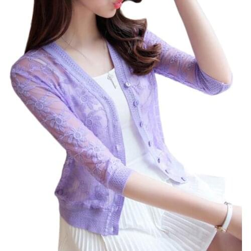 2017 spring summer thin cardigan plus size womens knitted cardigan shirt lace crochet sexy sweater short coat Sunscreen clothing