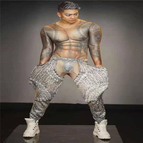 Y59 Sexy men gogo stage costumes dance wears printing bodysuit pole dance jacket male party singer performance outfit clothes dj