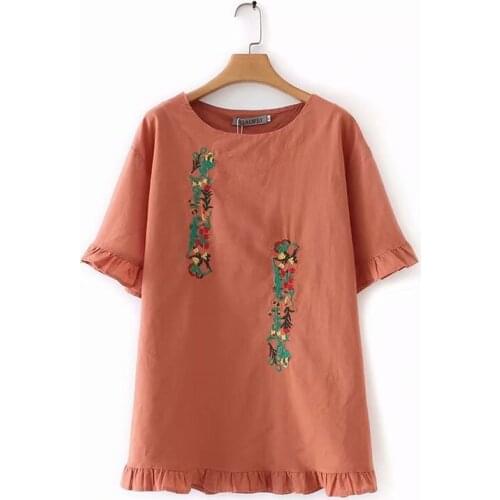 Plus Size Women Linen T-shirts Embroidery Tops