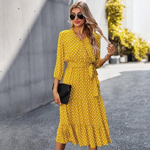 Women Polka Dot Dresses 2021 New Spring Autumn Three Quater Sleeve V Neck Long Dress with Sashes Ruffle Robe Femme