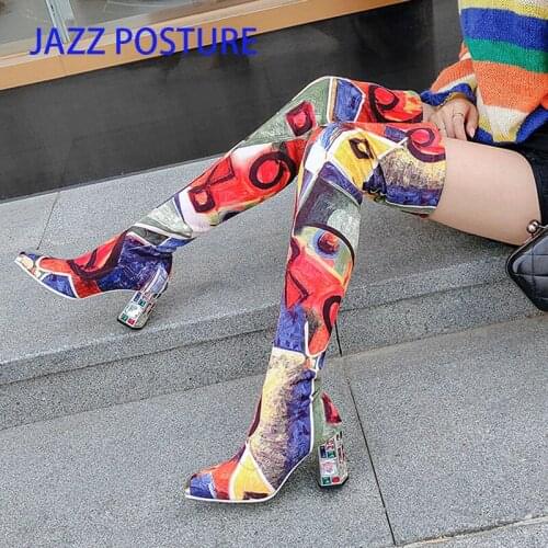 Women over-the-knee Boots Rhinestones printing plus size women shoes Europe and America fashion super high heel womens boots 306