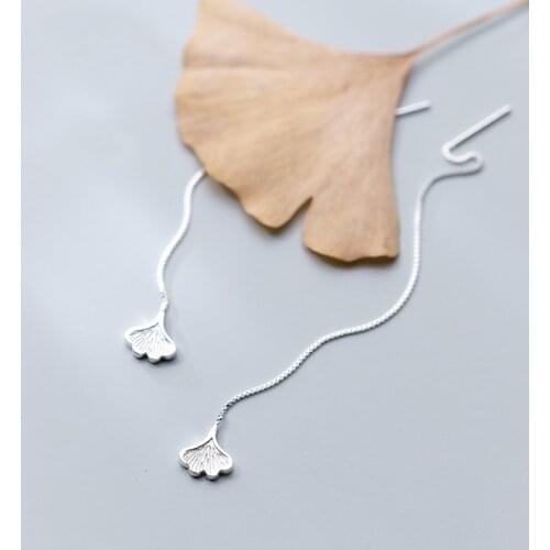 MloveAcc New Design 925 Sterling Silver Ginkgo Biloba Drop Earrings Long Chain Earrings for Women Brincos