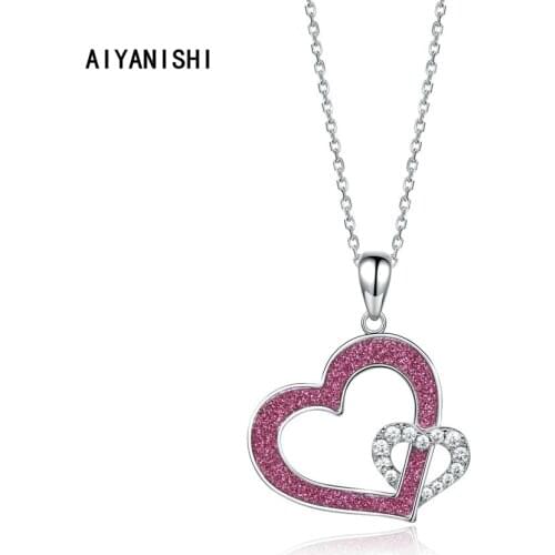 AIYANISHI 925 Sterling Silver Gemstones Choker Statement Necklace Women with Chain Double Hearts Lover Pendant Necklaces Jewelry