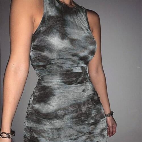 40GC Women Sleeveless O-Neck Bodycon Midi Dress Gradient Ruched Knee Length Clubwear