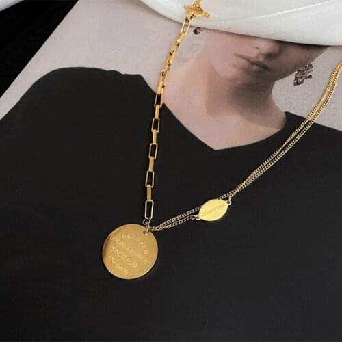 VSnow Simple Gold Circle Geometric Letter Pendant Necklace for Women Femme Elegant Asymmetry Chunky Chain Link Necklace Jewelry