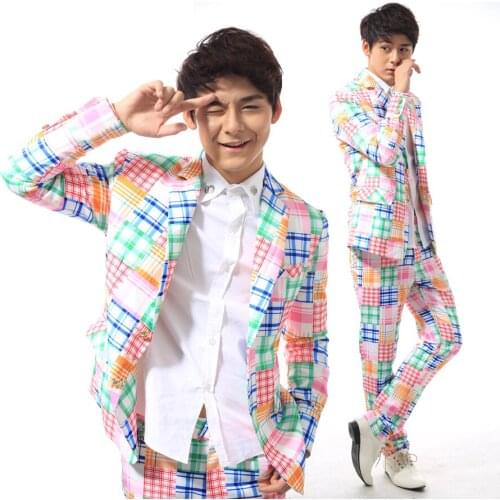 S-5XL!!! 2018 Multicolour plaid clothes suit set dj ds costume The singers clothing Suit of big yards