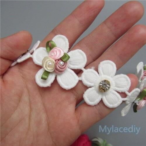 20x Pearl Diamond Flowers Embroidered Lace Trim Ribbon Fabric Patches Handmade Sewing Craft DIY Clothes Accessories Decoration