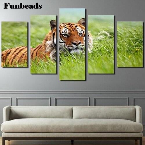 Diamond painting hanging wall 5 plate grass tiger DIY 5D cross-stitch full square diamond embroidered Mosaic 5 pieces FF3865
