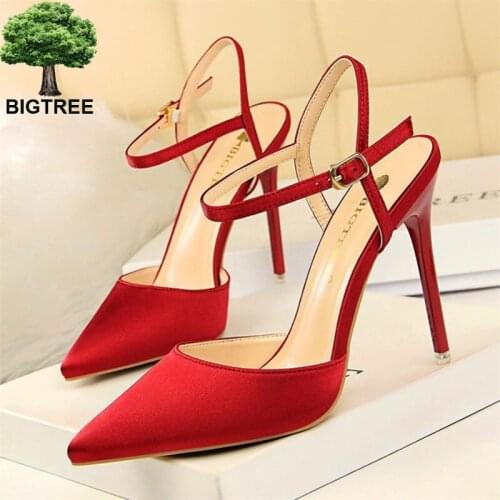 BIGTREE Thin Heels Concise Women Sandals Fashion Buckle Shallow Womens High Heels Shoes Solid Silk Pointed Toe Dress Sandals