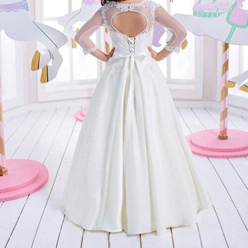 Elegant White Kids Flower Girl Dresses for Wedding Lace 3/4 Long Sleeves Hollow Back First Communion Dresses for 2-14 Years