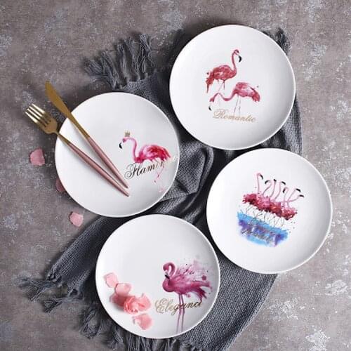 Ceramic Tableware 8 Inch Nordic Creative Flamingo Round Bone China Plate Western Food Steak Salad Dish Home Kitchen Supplies