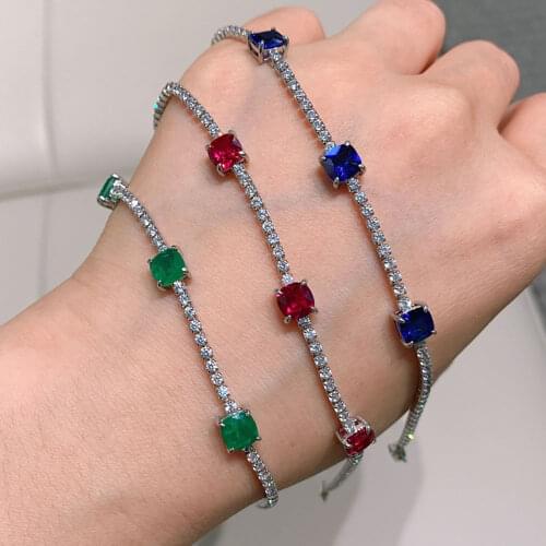 KNRIQUEN 925 Sterling Silver Created Moissanite Ruby Emerald Aquamarine Stone Chain Bracelet For Women Fine Jewelry Wholesale