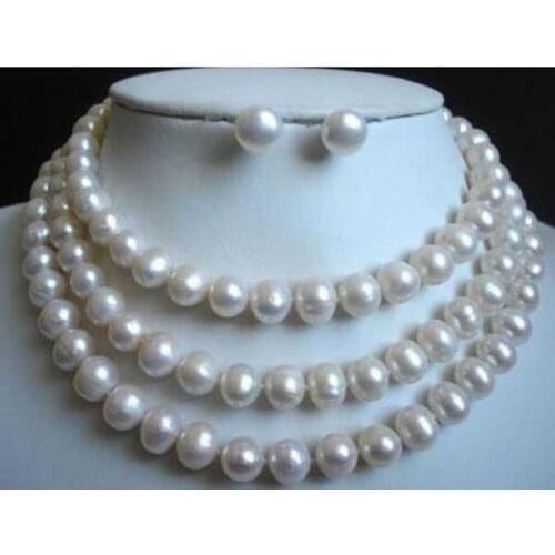 South seas round white pearl necklace 54" earrings 9-10mm