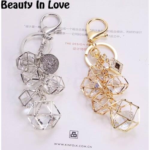Cube Metal Crystal Perfume Keychain For Women Pearl Pendant Car Ornaments Creative Gift Bag Charm Key Chain Holder Key Ring F227