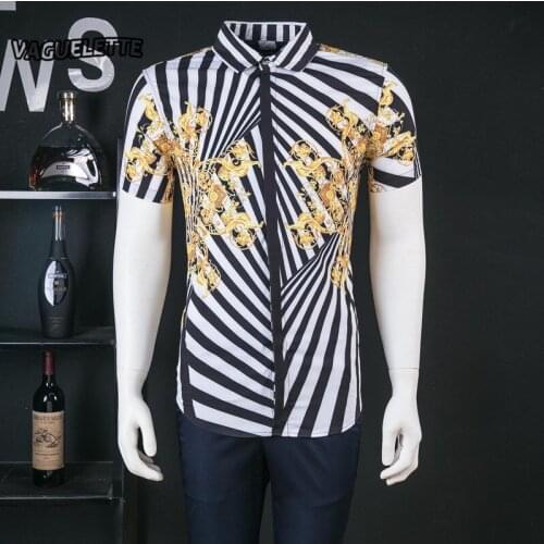 Damask Floral Print Men Shirt Short Sleeve Casual Slim Fit Striped Luxury Shirts For Men Social Dress Shirts Men Clothes M-3XL