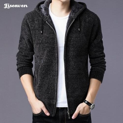 Liseaven Men Sweater Fleece Cardigan Winter Jacket Mens Slim Sweaters Winter Long Hooded Sweater Thick Warm Coat Mens Clothing