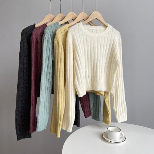 Obrix Female Casual Style Shortened Sweater O-Neck Full Sleeve Woolen Streetwear Pullover For Women