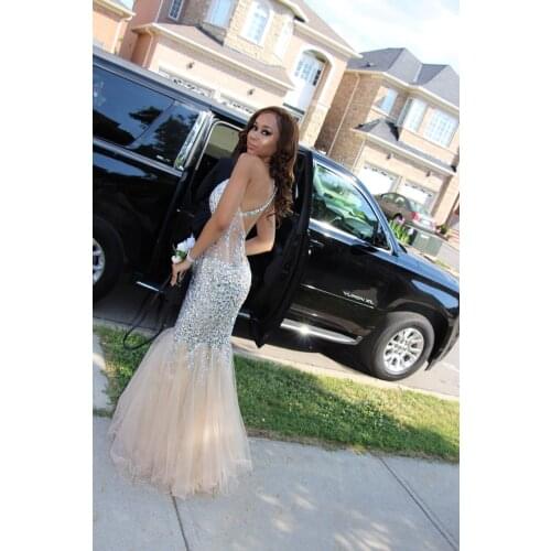 Real Photos Crystal Beads Tulle Mermaid 2018 sexy backless V Neck Cross Floor Length Party Pageant Prom Gown bridesmaid dresses