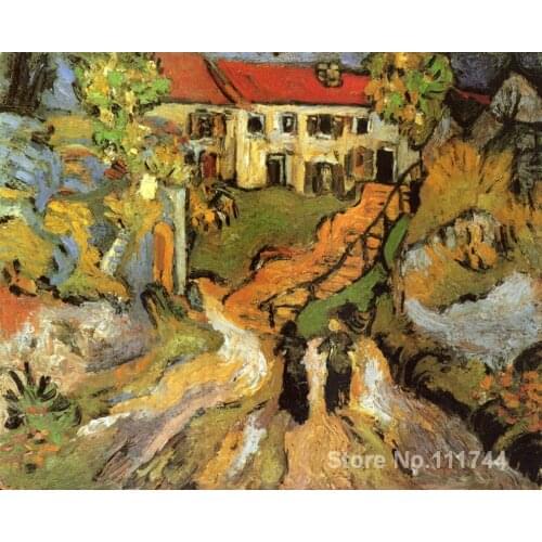 Hand painted art on canvas Village Street and Steps in Auvers with Two Figures Vincent Van Gogh painting for sale High quality