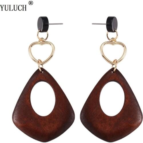 Natural Wooden Stud Earrings Handmade Geometric Plating Gold Hollow Metal Wooden Stud Earrings For Woman Girls Paty Wedding