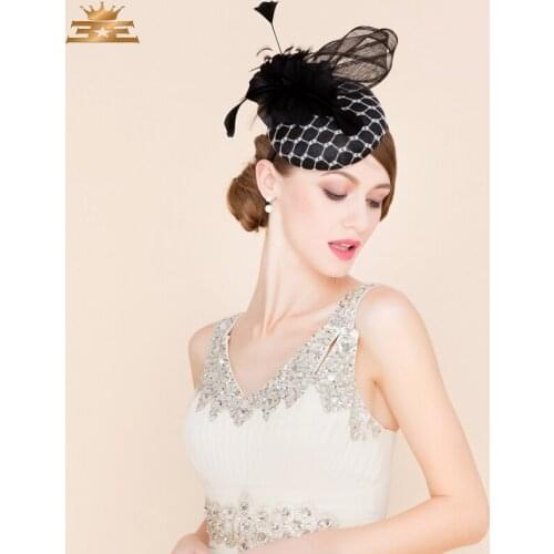 Lady Fedoras Hat Female English Linen Fedoras Cap Ladies Wind Headdress Feather Hat Horse Club Cocktail Party Hats Women B-8778