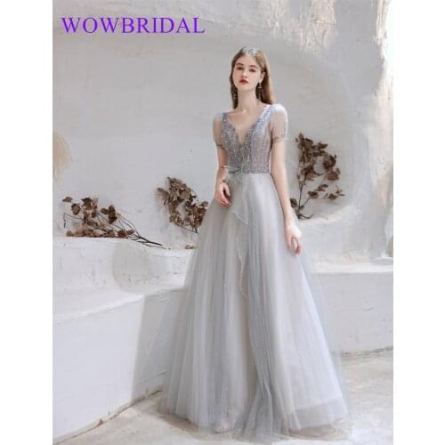 Wowbrial 2021 Elegant Beaded Floor Length Tulle Coral Lace Appliqued Dubai Evening Dresses with Long Sleeve