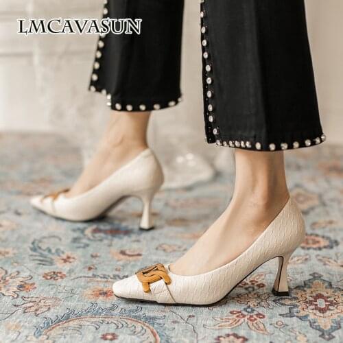 LMCAVASUN High heels women 2021 summer new fashion single shoes metal buckle stiletto square toe professional OL shoes