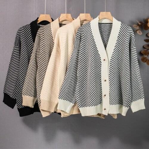 JMPRS Loose Striped Women Cardigan Sweater Winter Thick V Neck Knitted Coats Vintage New 2021 Button Up Female White Sweater