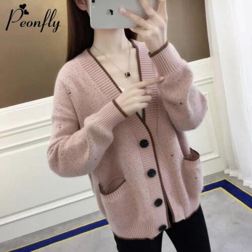 PEONFLY Korean Style Cardigan Women V Neck Knitted Sweater Coat Long Sleeve Tops Single Breasted Polka Dot Casual Cardigans Pink