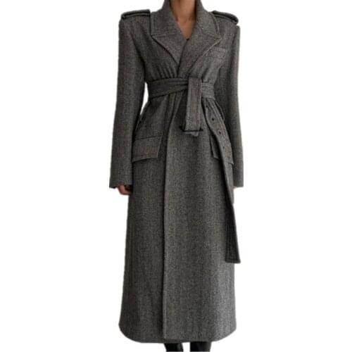 Women Long elegant Woolen Coat 2020 New Arrivals Houndstooth belted slim Waist overcoat