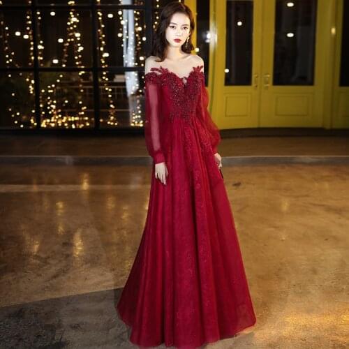 Robe De Soiree Fashion Sweet Lace Beading Long Evening Dress Bridal Long Sleeve Banquet Sexy Prom Dress qipao cheongsam