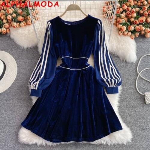 ALPHALMODA Autumn New Striped Long-sleeved Velvet Dress A-line Fashion High End Vintage Party Dress for Women