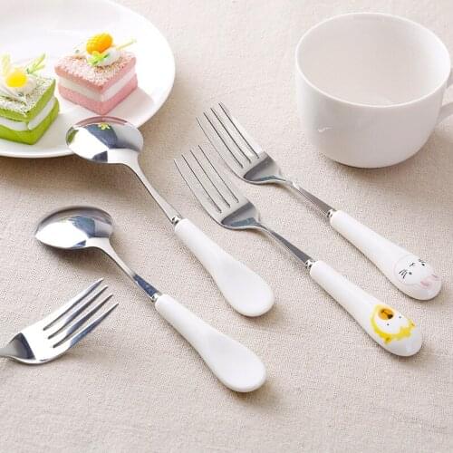 1pc Cartoon Cute Cat Spoon Stainless Steel Long Handle Stirring Spoon Fruit Fork Coffee Spoon Ceramic Handle Kitchen Accessories