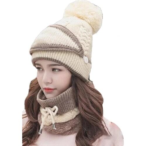 3Pcs Fleece Inside Knitted Hat Warm Plush Bouncy Winter Spring Face Cover Hat Scarf Set