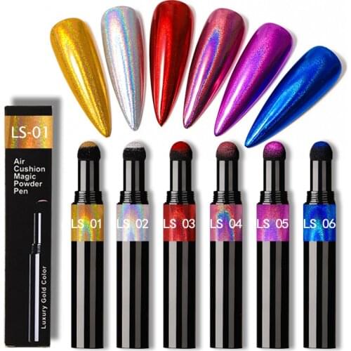 6 Colors Aurora Solid Powder Air Cushion Magic Pen Nail Art Laser Magic Mirror Effect Phantom Nails Pen Manicure Tools