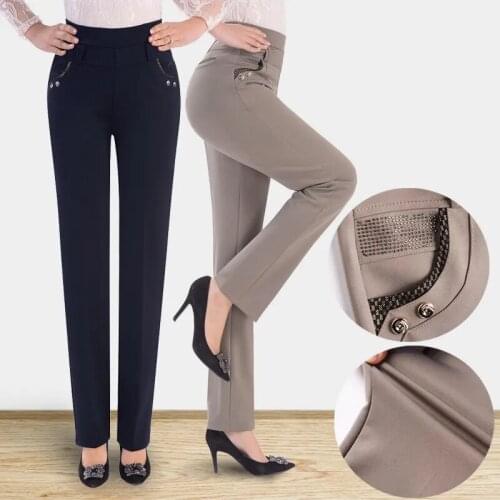 Middle-aged Womens Elastic Waist High Waist Trousers 2021 Spring Autumn Mother Clothing Casual Solid Straight Pants Plus size 37