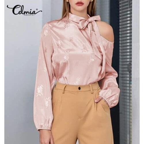 Celmia 2021 Fashion Women Floral Printed Blouse Elegant Satin Tops Long Sleeve Bowknot One Shoulder Casual Elegant Office Shirt