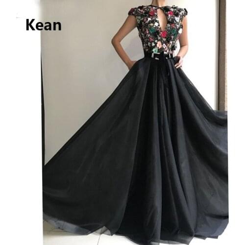 Black Muslim Evening Dress V-Neck Tank 3D Flower Crystal Formal Dress Islamic Dubai Kaftan Saudi Arabic Evening Gown Prom Dress