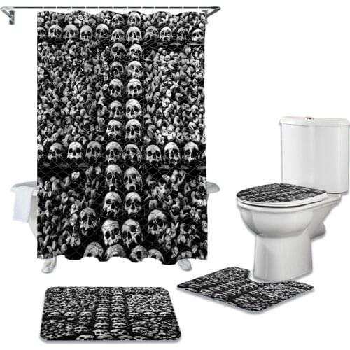 Black Skull Shower Curtain Sets Non-Slip Rugs Toilet Lid Cover and Bath Mat Bathroom Curtains Set