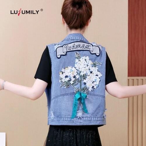 Lusumily Embroidery Denim Waistcoat Women Plus Size Vest Female Casual Sleeveless Cowboy Outwear Loose Jacket Student Vest Top